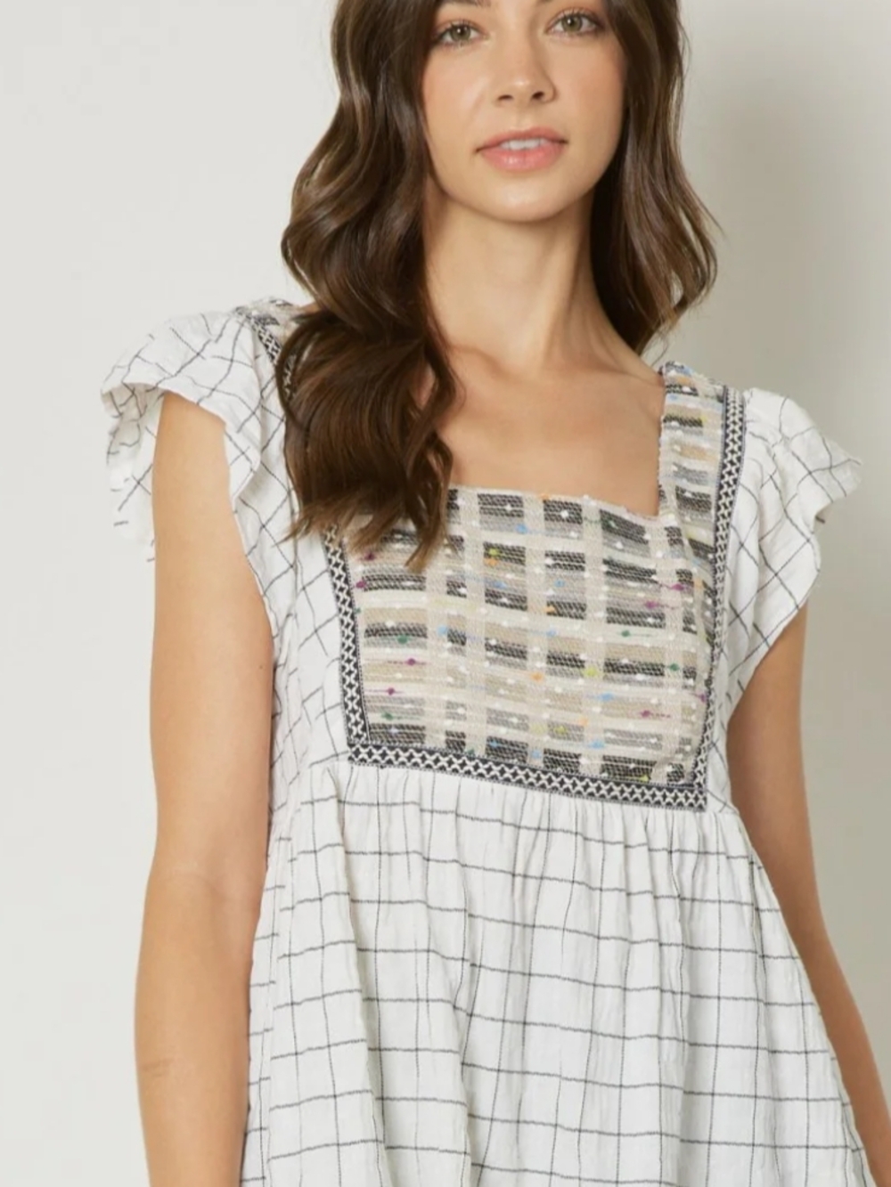 entro White Grid Square-Neck Embroidered Blouse